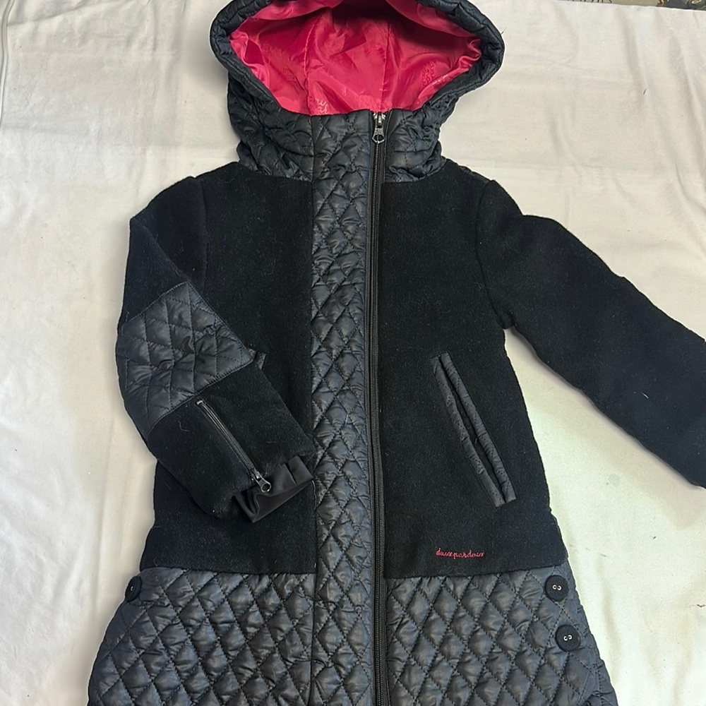 Deux Par Deux - Black and Pink Quilted Puffer Jacket with Hood